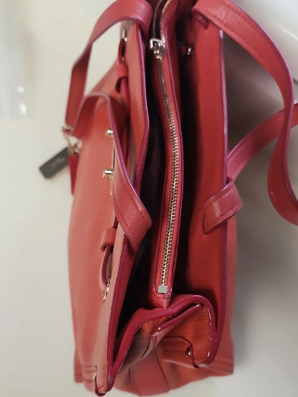 Coach Coral Red Pebbled Leather Tote with Gold Hardware